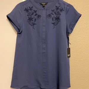 Simply Vera Navy Top with Black Floral Embroidery Trim Size XS NWT
